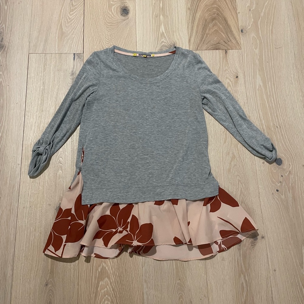 Little Yellow Button gray blouse with floral underlay